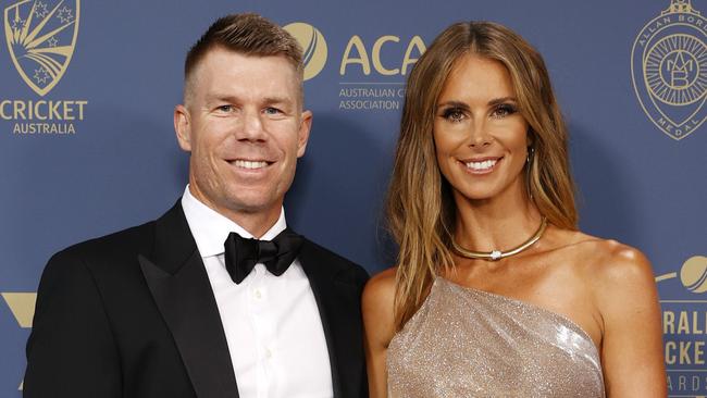 DAILY TELEGRAPH JANUARY 30, 2023. David Warner and wife Candice Warner on the blue carpet at the 2023 Australian Cricket Awards held at Royal Randwick Racecourse. Picture: Jonathan Ng