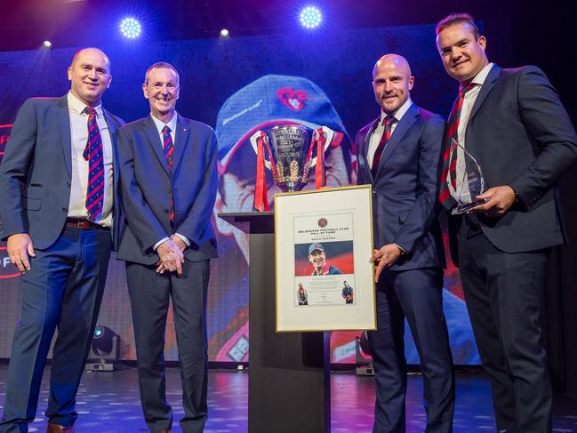 Neale Daniher spoke through Melbourne legends Nathan Jones, David Neitz and Brad Green. Picture: Andrew Hobbs