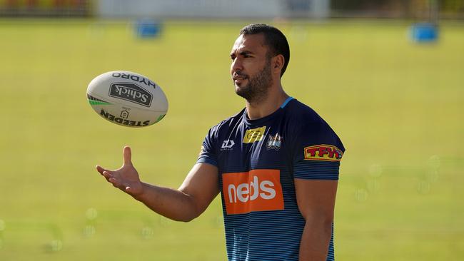 Ryan James looks on from the sideline during an NRL Titans training session at the Titans High Performance Centre on the Gold Coast, Tuesday, May 19, 2020. (AAP Image/Dave Hunt) NO ARCHIVING