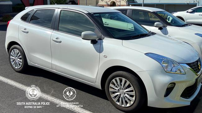 A white Suzuki Baleno was stolen while the driver was out of the car was making a food delivery in Ingleby Street in Mount Gambier and was later involved in a police chase. Picture: SA Police