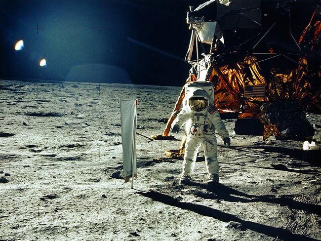 Apollo astronaut Edwin "Buzz'' Aldrin on moon in 1969 with the lunar module Eagle. Picture: Supplied.