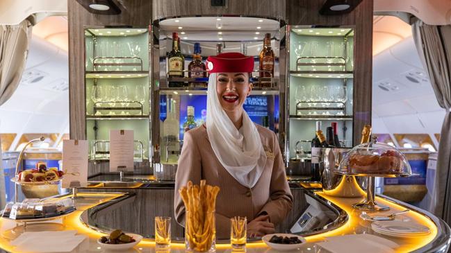 The bar in the business class cabin of an Emirates Airbus SE A380-800