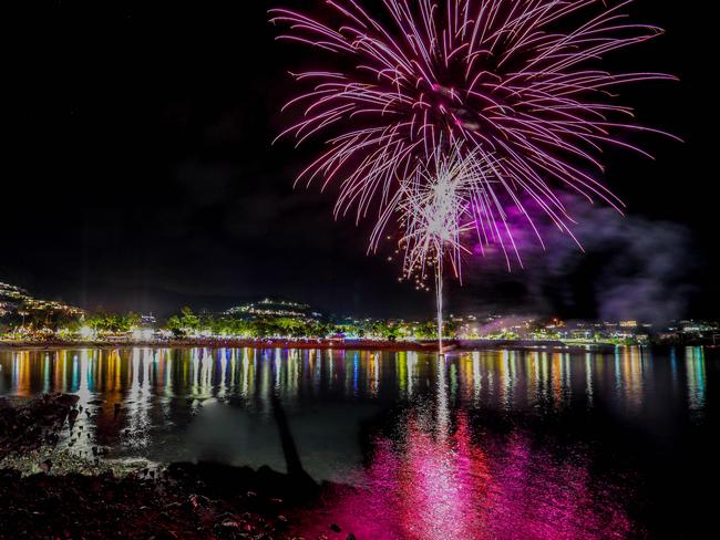 Fireworks explode in the sky over Airlie Beach on Friday night for the annual Whitsunday Reef Festival.