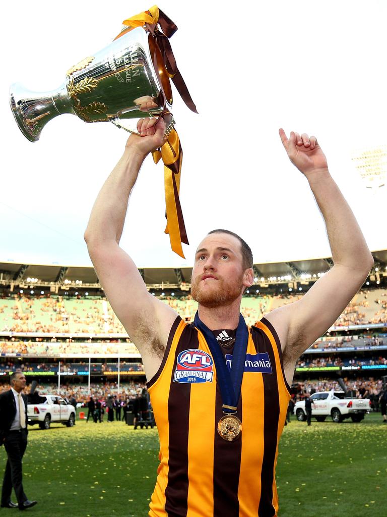 Jarryd Roughead with the 2015 premiership cup. Picture: Mark Dadswell