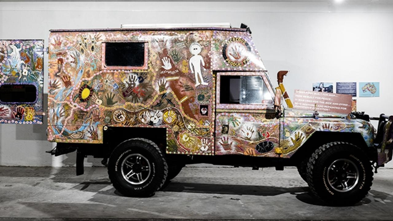 An old Vietnam War ambulance painted by over 200 First Nations artists was endorsed by Nelson Mandela and Gough Whitlam. Picture: Mitchelton Gallery of Aboriginal Art