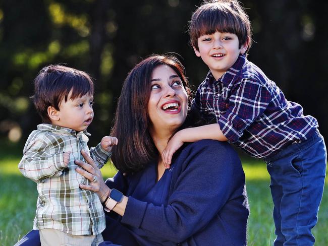 Solmaz Jalali Chaychi, a midwife at Westmead Hospital in Sydney with sons Aiden (3) and Liam says access to extended hours childcare would be a game changer. Picture: Sam Ruttyn