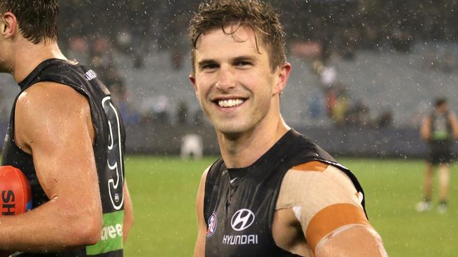 Marc Murphy was all smiles after the Blues beat Essendon. Picture: Wayne Ludbey