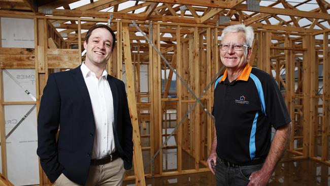 Master Builders Tasmania Executive Director Matthew Pollock alongside owner of Creative Homes Hobart, Greg Rothacker as he has been busy since the HomeBuilder scheme. Picture: ZAK SIMMONDS