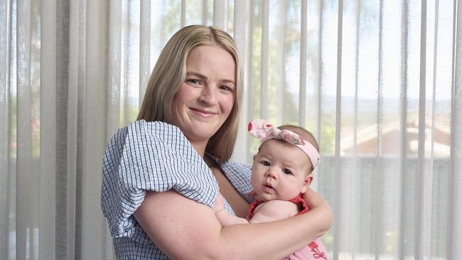 Madison Quintrell with Finlay, 2 months, at home in Flagstaff Hill. Picture: Matt Loxton