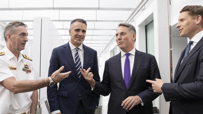 Peter Malinauskas (second from left) with Vice Admiral Jonathan Dallas Mead, Richard Marles and Andrew Hastie. Picture: Brett Hartwig