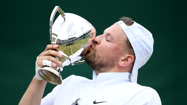 Dylan Alcott after claiming this year’s Wimbledon title. Pic: Getty Images