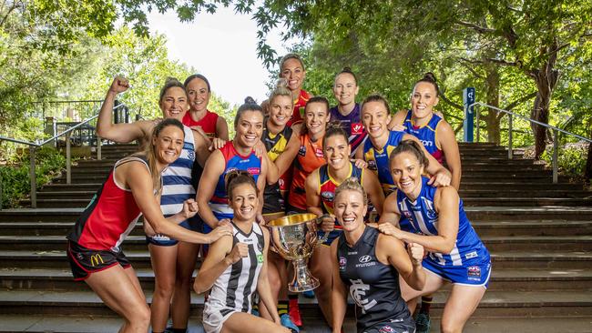 AFLW Season Launch. AFLW Captains with the premiership cup, at Melbourne University. Picture: Time Carrafa