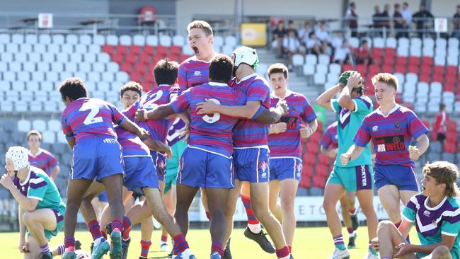 St Augustine's students celebrate their Schoolboy Trophy win in 2021. Picture: supplied