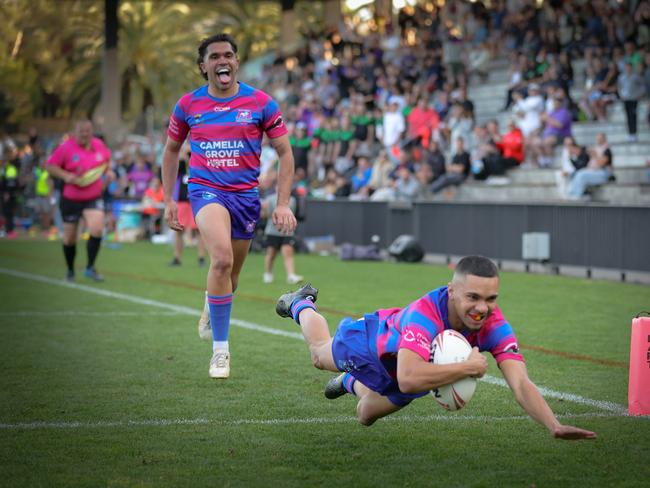 Kieren Mundine scores with a very happy Craig McKenzie following behind.Picture: Adam Wrightson Photography. Souths Juniors Grand Final DaySouths Juniors Rugby League - A Grade.Grand Final.Alexandria Rovers vs Coogee Randwick WombatsRedfern Oval, Redfern, 3:40pm.8 September 2024.