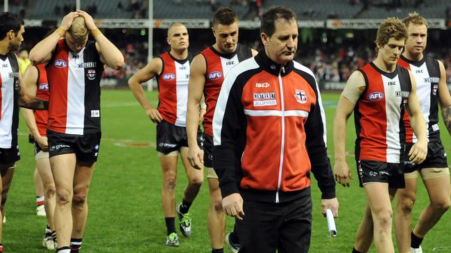 Ross Lyon trudges off after the Saints’ 2011 elimination final loss.