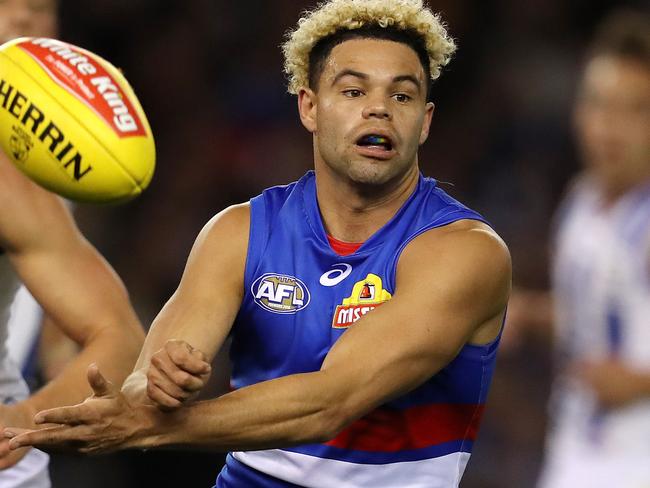 AFL Round 14. Western Bulldogs vs North Melbourne at the Etihad Stadium. Western Bulldogs Jason Johannisen clears by hand 3rd qtr   . Pic: Michael Klein