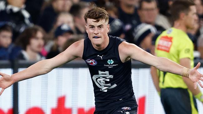 MELBOURNE, AUSTRALIA – APRIL 27: Jaxon Binns of the Blues in action during the 2024 AFL Round 07 match between the Geelong Cats and the Carlton Blues at the Melbourne Cricket Ground on April 27, 2024 in Melbourne, Australia. (Photo by Michael Willson/AFL Photos via Getty Images)