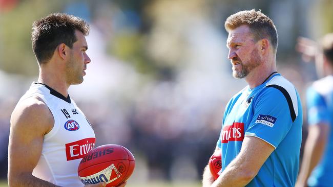 Brayden Maynard talks with coach Nathan Buckley