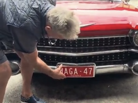 Sam Newman and his MAGA 47 number plates in November 2024.Picture: Supplied/YouTube