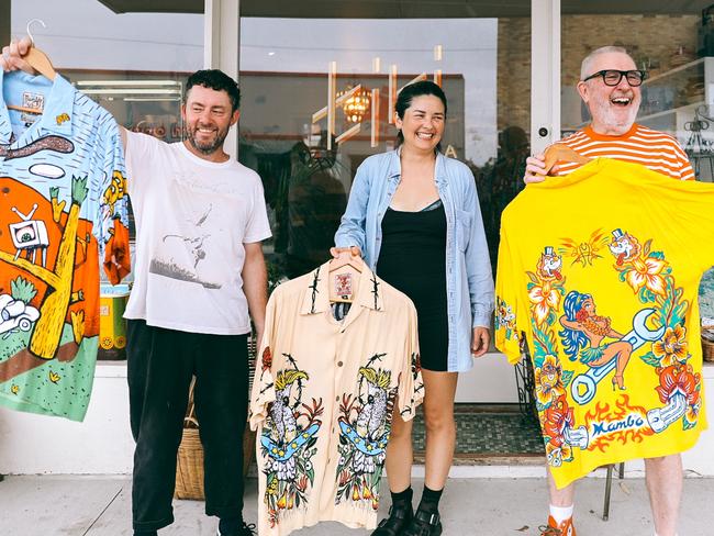 Heath Crawley (left), April Xing and Malcolm Hill for the sale of Mambo shirt collection at Tiki La La, clothes store, in June 2024