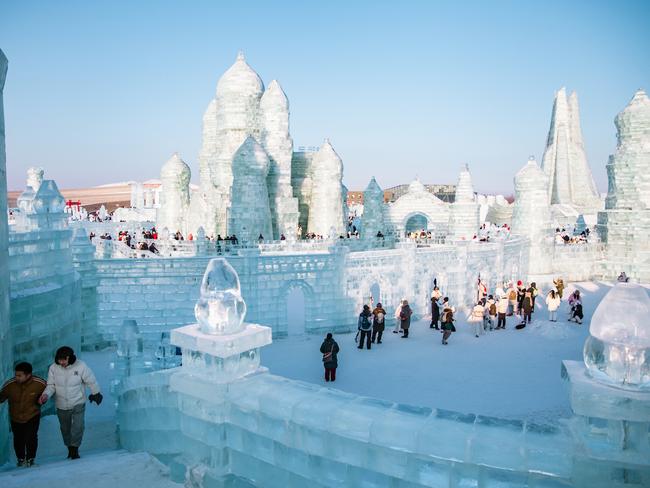 The most striking feature is Ice and Snow World, which features full sized buildings made of 2-3 inch thick blocks of ice from the Songhua River. Photo: istock
