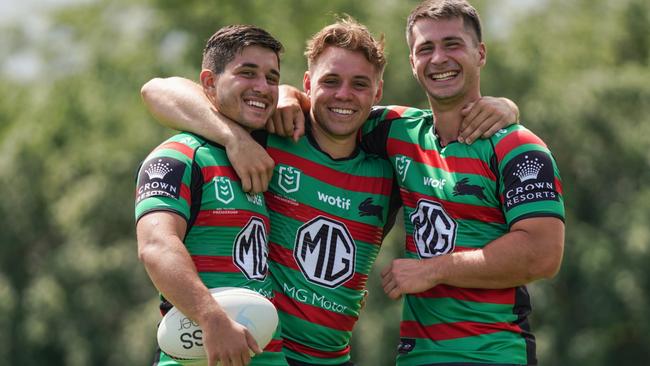 South Sydney young guns Blake Taaffe, Lachlan Ilias and Peter Mamouzelos. Picture: Sunny Brar