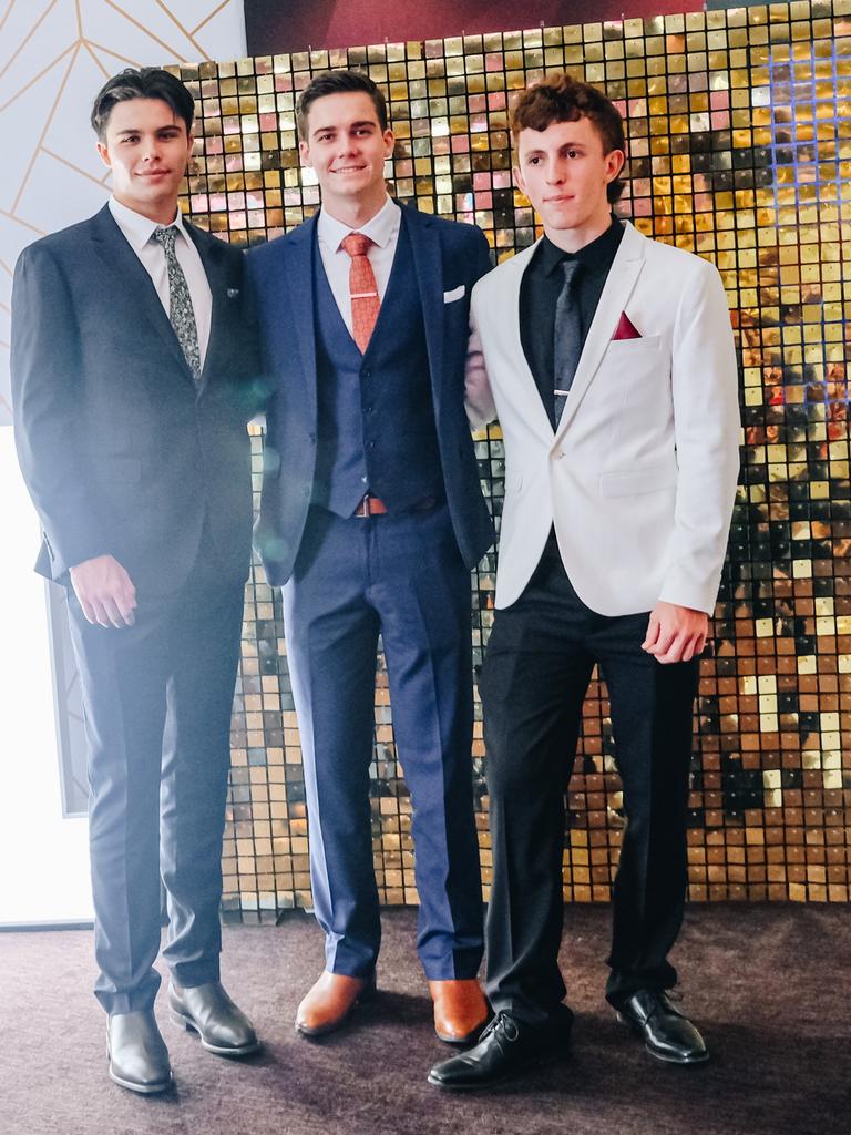 Will Anderson, Cooper Matty &amp; Shaun Gilles at the St Joseph's College Banora Point 2021 formal. Picture: Austin Hulme Photography