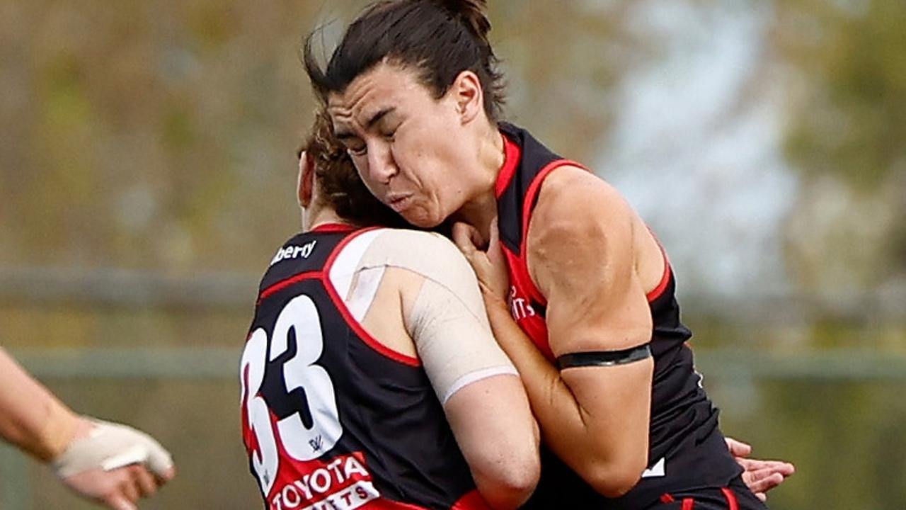 A horror second-quarter collision at Windy Hill on Saturday left Amber Clarke (left) concussed and Bonnie Toogood (right) with a medial ligament injury. Picture: Michael Willson / Getty Images