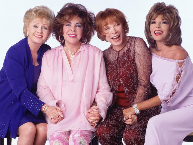 Shirley MacLaine, Debbie Reynolds, Joan Collins and Elizabeth Taylor in a promotional shot for Carrie Fisher’s TV movie Old Broads. Picture: Timothy White / ABC via Getty Images