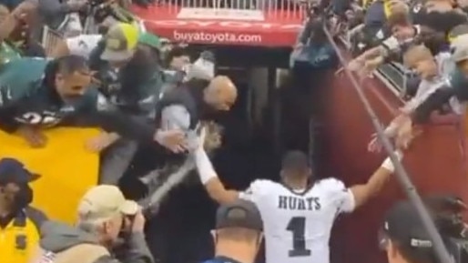 Jalen Hurts almost had a wall and fans fall on him as he left the stadium. Photo: Twitter