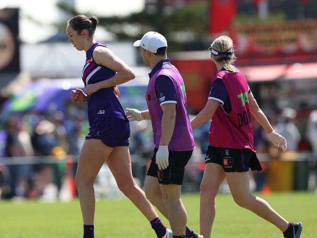 Aine Tighe was injured in the first quarter against Melbourne. Pic: Fremantle FC