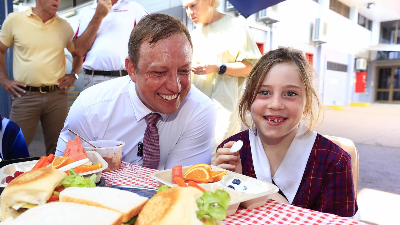 Premier Steven Miles tested out his free school lunch mock menu at Meals on Wheels in Cairns. Picture: Adam Head