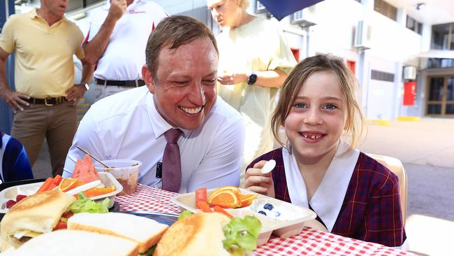 Premier Steven Miles tested out his free school lunch mock menu at Meals on Wheels in Cairns. Picture: Adam Head