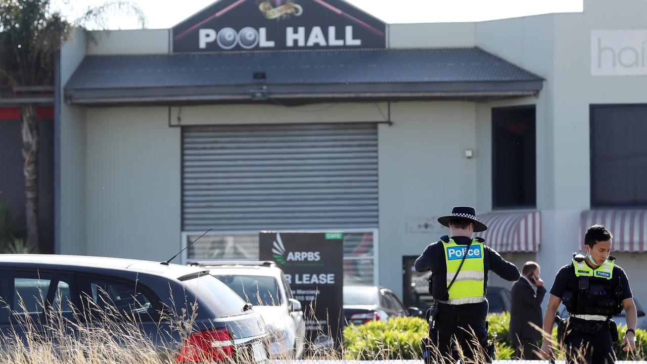 Police at the scene of a drive by shooting outside a pool hall in Ravenhall. Picture: David Crosling