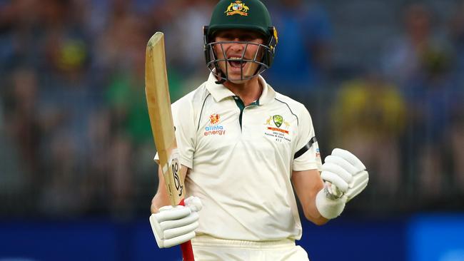 Labuschagne celebrates his third Test ton in three innings, against New Zealand in Perth.