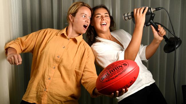 Courtney Cramey and Ebony Marinoff at the launch of the CJ and Noff women’s football podcast. Picture: Tricia Watkinson