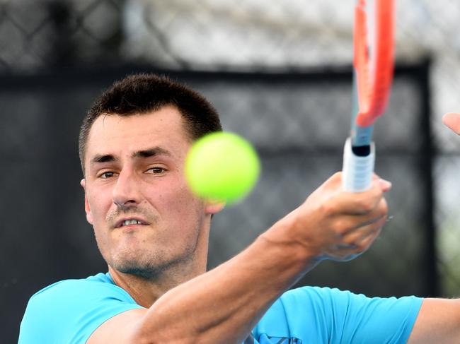 BRISBANE, AUSTRALIA - NewsWire Photos - DECEMBER 16, 2020.Bernard Tomic plays a shot during his match against Akira Santillan at the UTR Pro tennis tournament at the Queensland Tennis Centre in Brisbane.Picture: NCA NewsWire / Dan Peled