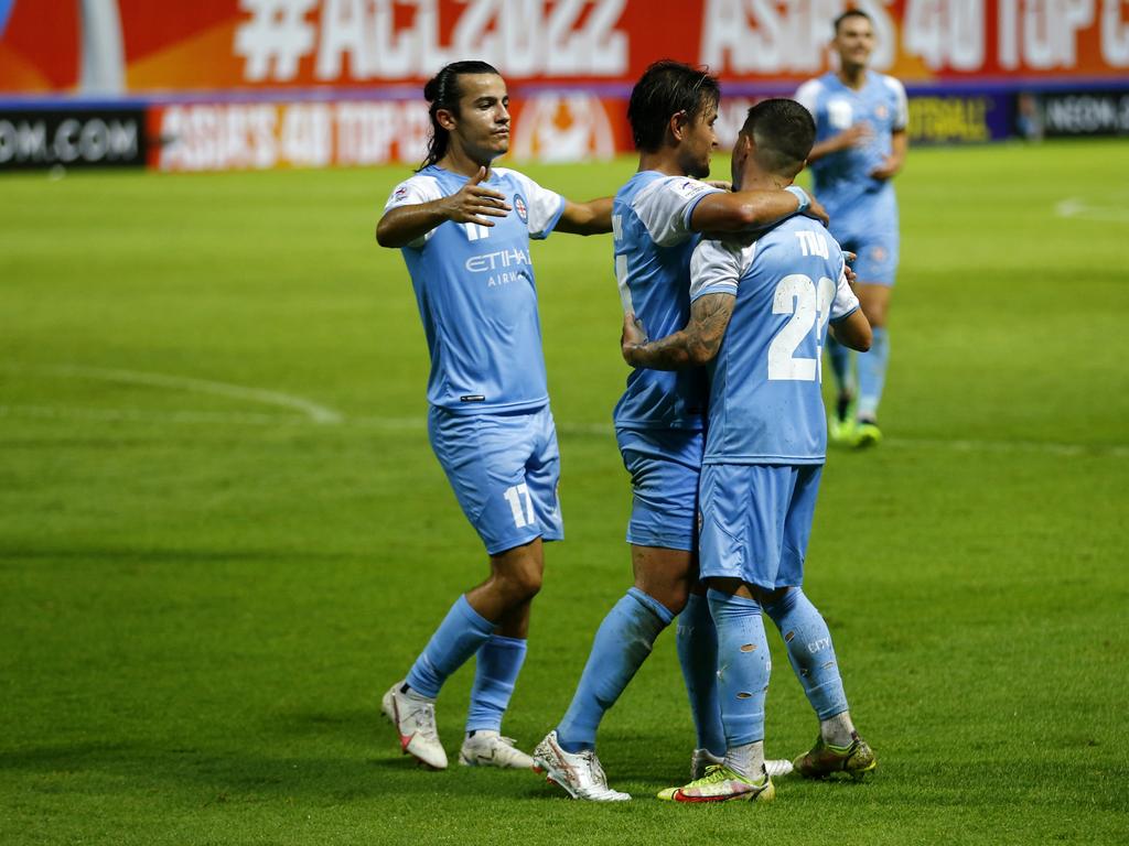 Melbourne City players celebrate during an AFC Champions League Group G win over United City. Picture: Thananuwat Srirasant/Getty Images