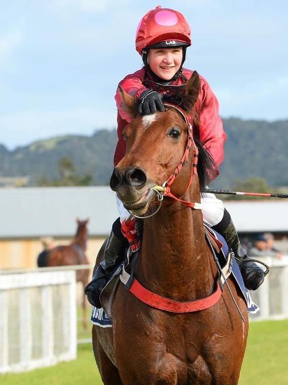 The 21-year-old fell from her horse after crossing the finish line. Picture: Supplied.