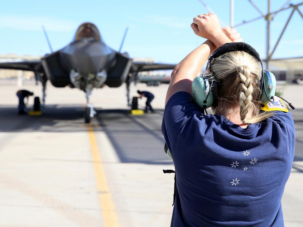 Australian Pilots training in the F35 fighter Jets Luke Airforce Base in Phoenix Arizona. Corp Lorna Hill, RAAF maintenance ground crew . Picture: Nathan Edwards