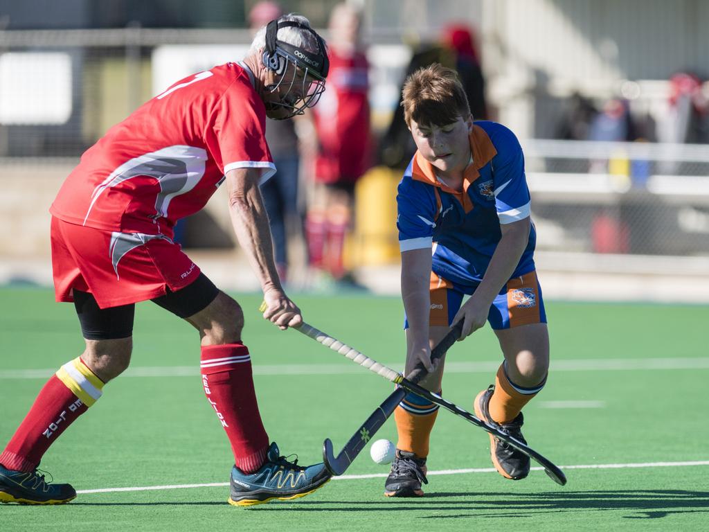 Red Lion White captain George Goodsell (left) defends against Bailey Payne of Newtown in A4 men Presidents Cup hockey at Clyde Park, Saturday, May 27, 2023. Picture: Kevin Farmer