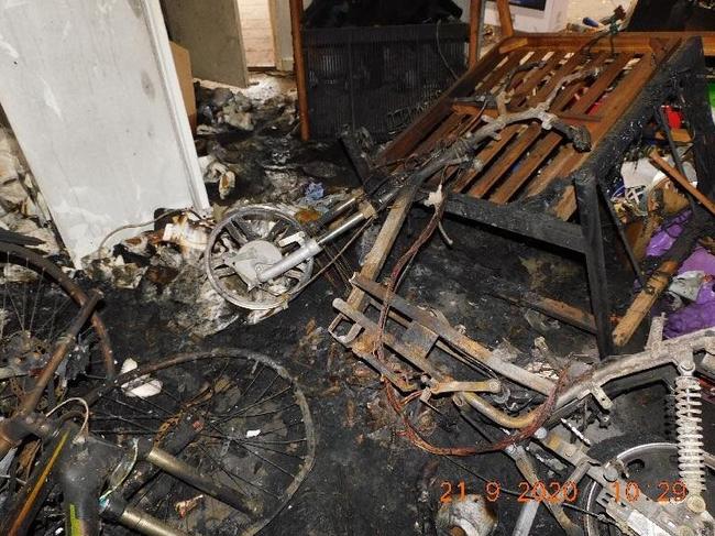 A destroyed e-bike which started a fire at a Melbourne property. Picture: FRV