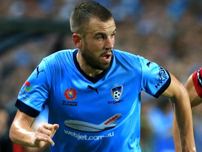 Sydney FC Matthew Jurman and Wanderer mark Bridge during the Sydney FC v Western Sydney Wanderers match at Allianz Stadium. Picture: Adam Taylor