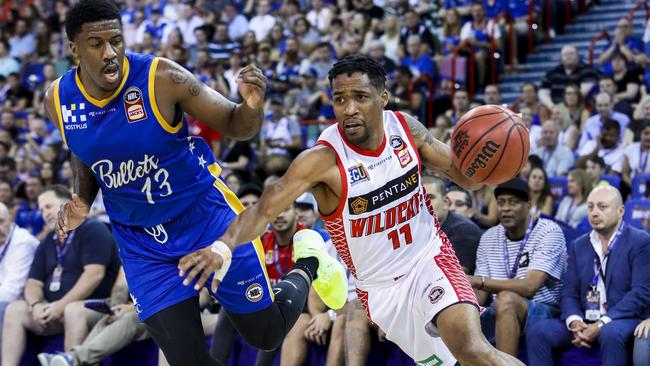 Bryce Cotton of the Wildcats with the ball during the NBL semi-finals match between the Brisbane Bullets and the Perth Wildcats at the Brisbane Entertainment Centre in Brisbane, Saturday, March 2, 2019. (AAP Image/Glenn Hunt) NO ARCHIVING, EDITORIAL USE ONLY