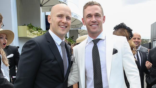 Gary Ablett with teammate Joel Selwood at Derby Day. Picture: Ian Currie