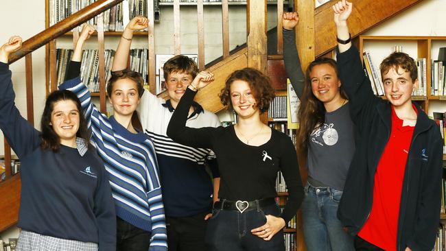 Hobart school students who took part in a strike yesterday. Picture: Matt Thompson