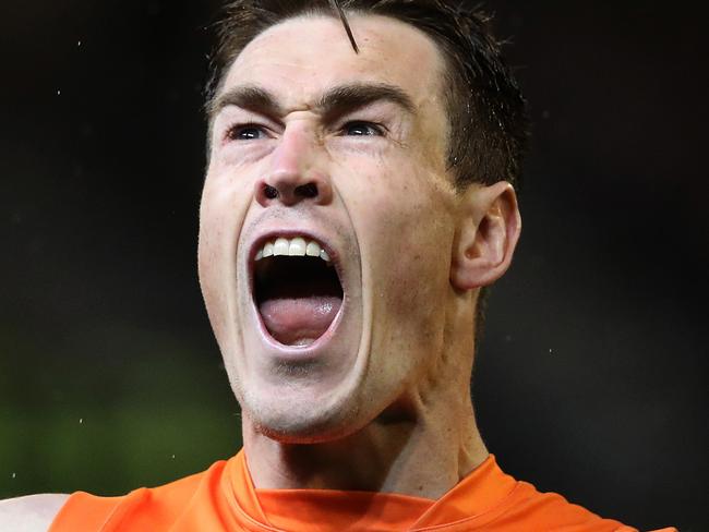 Giants Jeremy Cameron celebrates goal during the AFL Preliminary Final match between the GWS Giants and the Collingwood Magpies at the MCG. Picture. Phil Hillyard