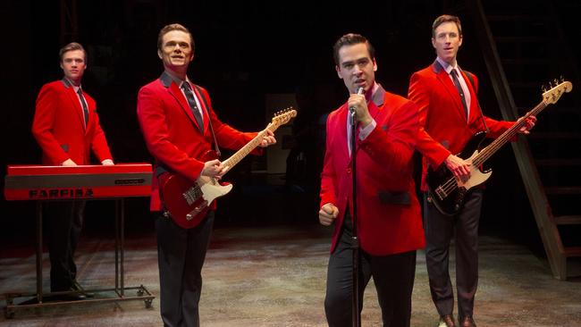 Thomas McGuane, Cameron MacDonald, Ryan Gonzalez and Glaston Toft in the Melbourne production of ‘Jersey Boys’. Picture: Jeff Busby