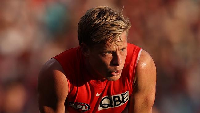 SYDNEY, AUSTRALIA - JUNE 29: Isaac Heeney of the Swans looks on during the round 16 AFL match between Sydney Swans and Fremantle Dockers at SCG on June 29, 2024 in Sydney, Australia. (Photo by Jason McCawley/AFL Photos/via Getty Images)