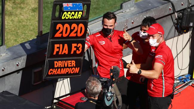 Oscar Piastri’s team celebrate after winning the Formula 3 Championship in Scarperia, Italy. Picture: Getty Images.